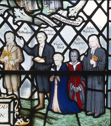 Historic portraits, 20th century stained glass, Church of St John the Baptist, Little Missenden, Buckinghamshire, England, Great Britain