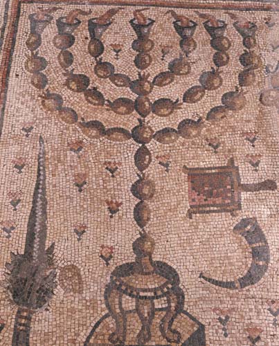 Menorah and shofar, 4th century mosaic, Hammath, Israel