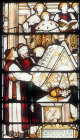 King David teaching music, detail, singers singing from communal song book, nineteenth century, C.E. Kempe, Lichfield Cathedral, England