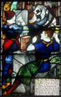 Stone masons, detail from nineteenth century John Hacket window by Kempe, south choir aisle, Lichfield Cathedral, Staffordshire, England