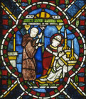 Becket kneeling at the altar, Trinity Chapel NV11, panel 8 Corpus 14,  Canterbury Cathedral, Kent, England, 13th century stained glass
