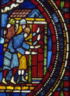Chainmailed Knights at Cathedral door, Trinity Chapel NV11 panel 7 Corpus 13, Canterbury Cathedral, Kent, England, 13th century glass