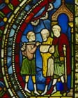 Pilgrims, 13th century stained glass, Trinity Chapel, Canterbury Cathedral, Kent, England, Great Britain