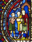 Three pilgrims with staff and water bottles,  Trinity Chapel NV11, Canterbury Cathedral, Kent, England, 13th century stained glass
