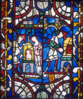 Jew of Bourges throwing his son into furnace, boy saved by the Virgin, Lincoln Cathedral, 13th century stained glass