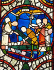 Lincoln Cathedral, east window of the north aisle,  burying a Bishop,  13th century stained glass