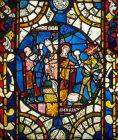 Lincoln Cathedral, east window of the north aisle, Satan surrendering the bond to the Virgin, Theophilus handing the bond to his bishop