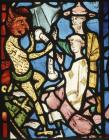 St Theophilus selling his soul to Satan, 13th century stained glass, Lincoln Cathedral, Lincolnshire, England, Great Britain