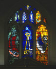 Emblems of St Peter, designed by John Piper, 1966, chancel window, Church of St Peter, Babraham, Cambridgeshire, England