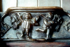 Misericord of the month of April, fifteenth century, bird scaring, Church of St Mary, Ripple, Worcestershire