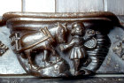 Misericord of the month of March, fifteenth century, man broadcasting seed and horse harrowing, Church of St Mary, Ripple, Worcestershire