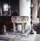 Norman sexagonal font with carved decoration, Holy Trinity Church, Bosham, Sussex, England
