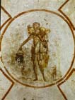 Good Shepherd, 3rd century Christian wall painting, Lucine Crypt, Callisto Cemetery, Rome, Italy 