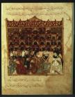Al Harit finds Abu Zayad in the library at Basra, Al Maqamat by Al Hariri, illustrated by al-Wasiti,  MS arabe 5847 f 5v dated 1237, Bibliotheque Nationale, Paris, France