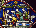 Detail Roger of Valognes having his feet  bathed, Trinity Chapel number III, panel 42  Canterbury Cathedral, 13th century stained glass