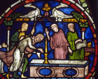 Detail  of Roger of Valognes, Trinity Chapel number III panel 43,  Canterbury Cathedral, 13th century stained glass