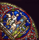 Gerald a Knight cured,  riding out of the city,  Trinity Chapel number III, panel 21,   Canterbury Cathedral, 13th century stained glass, Canterbury, Kent, England