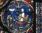 Sundial of Ahaz, thirteenth century panel 42,The Poor Mans Bible Window, Corona Chapel, Canterbury Cathedral, Kent, England