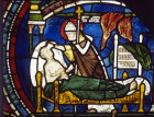 Miracles of Thomas Becket, St Thomas cures a sick man, Trinity Chapel number III, panel 57, Canterbury Cathedral, 13th century stained glass, Canterbury, Kent, England