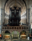 Organ, built by John Loosemore, 1665, and choir screen, Exeter Cathedral, Devon, England