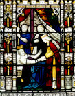 Edward I on his death bed, detail, south nave aisle window, twentieth century, Clayton and Bell, Exeter Cathedral, Devon, England