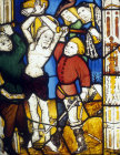 The Scouring of Christ, detail from north east window, Church of St James the Great,  St Kew, Cornwall, England