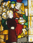 Pilate washes his hands, detail of fifteenth century North East window, Church of St James the Great, St Kew, Cornwall, England