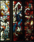 Red devil and blue devils, detail of west window 15, circa 1500, Church of St Mary, Fairford, Gloucestershire, England