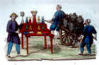 Merchant selling sugar hares for the festival of the fourth month and another with a two handed cart for transporting wine, Chinese engraving, 1811