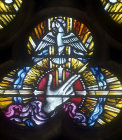 Hand of God, twentieth century window by Marion Grant, The Lady Chapel, Exeter Cathedral, Devon England