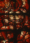 Detail of a red devil, Fairford Church, Gloucestershire, England 16th century stained glass