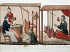The reeling of the cocoons, silk making,  chinese engraving, 1811