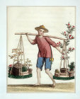 Chinese travelling salesman with plants and trees, engraving from La Chine en miniature, 1811, by Jean Baptiste Joseph Breton de la Martiniere