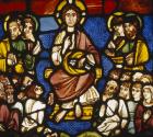 Christ feeding the five thousand with two loaves and five fish, 13th century stained glass, Victoria and Albert Museum, London, England, Great Britain