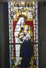 St Anne with the Virgin and Child, 16th century Flemish stained glass panel,  Lady Chapel, Exeter Cathedral, Devon, England, Great Britain