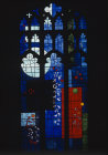 Creation window, detail, 1969, designed by John Piper, made by Patrick Reyntiens, All Hallows Church, Wellingborough, Northamptonshire, England