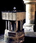 Twelfth century Norman font, St Giles Church, Merston, Sussex, England
