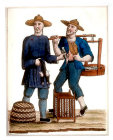Chinese fish seller and Chinese pigeon seller, engraving from La Chine en miniature, 1811, by Jean Baptiste Joseph de la Martiniere