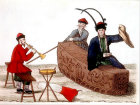Three Chinese men, one playing a musical instrument, engraving from La Chine en miniature, 1811, by Jean Baptiste Joseph de la Martiniere