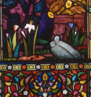 Detail of doves and flowers in window by Edward Burne-Jones, 1860-62, Church of St Columba, Topcliffe, Yorkshire, England