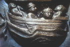 Misericord of four men in a boat, St Govan, uncle of David, being seasick on his way to Rome, 1470, St David