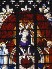 Last Judgement, deatil of Christ on rainbow, west window 15, circa 1500, Church of St Mary, Fairford, Gloucestershire, England