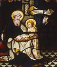 St Paul teaching Timothy, 19th century stained glass, Wells Cathedral, Somerset, England, Great Britain