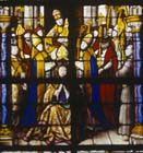 St Anselm, consecrated Bishop of Tournai and Abbot of Laon in 1146, stained glass 1500 by Arnold Van Der Spits of Nijmegen, Tournai Cathedral, Belgium