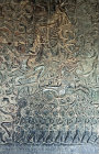 Carved relief of battle of Kurukshetra, with Kauravas fighting Pandavas, west gallery Angkor Wat temple built 1113-52 AD by Suryavarman II, Hindu, (Vishnu), Cambodia