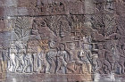 Khmer military procession with elephants, relief carving on south façade, west side, Bayon Temple, Angkor Thom, Cambodia