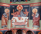 Communion of the Apostles, Christ with Peter and Paul, fifteenth century wall painting, Church  of the Holy Cross, Platanistasa, Cyprus