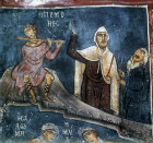 Cyprus, Trikomo, the Three Shepherds detail from the Nativity 12th century mural in the Church of Panagia Theotokos