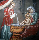 Cyprus, Galata, the Nativity, detail of the bathing, the Church of Archangel Michael 16th century