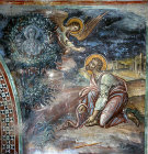 Cyprus, Kalopanayiotis, Latin Chapel of the monastery of St John Lampadistis, Moses and the Burning Bush, Italo-Byzantine style 15th century mural